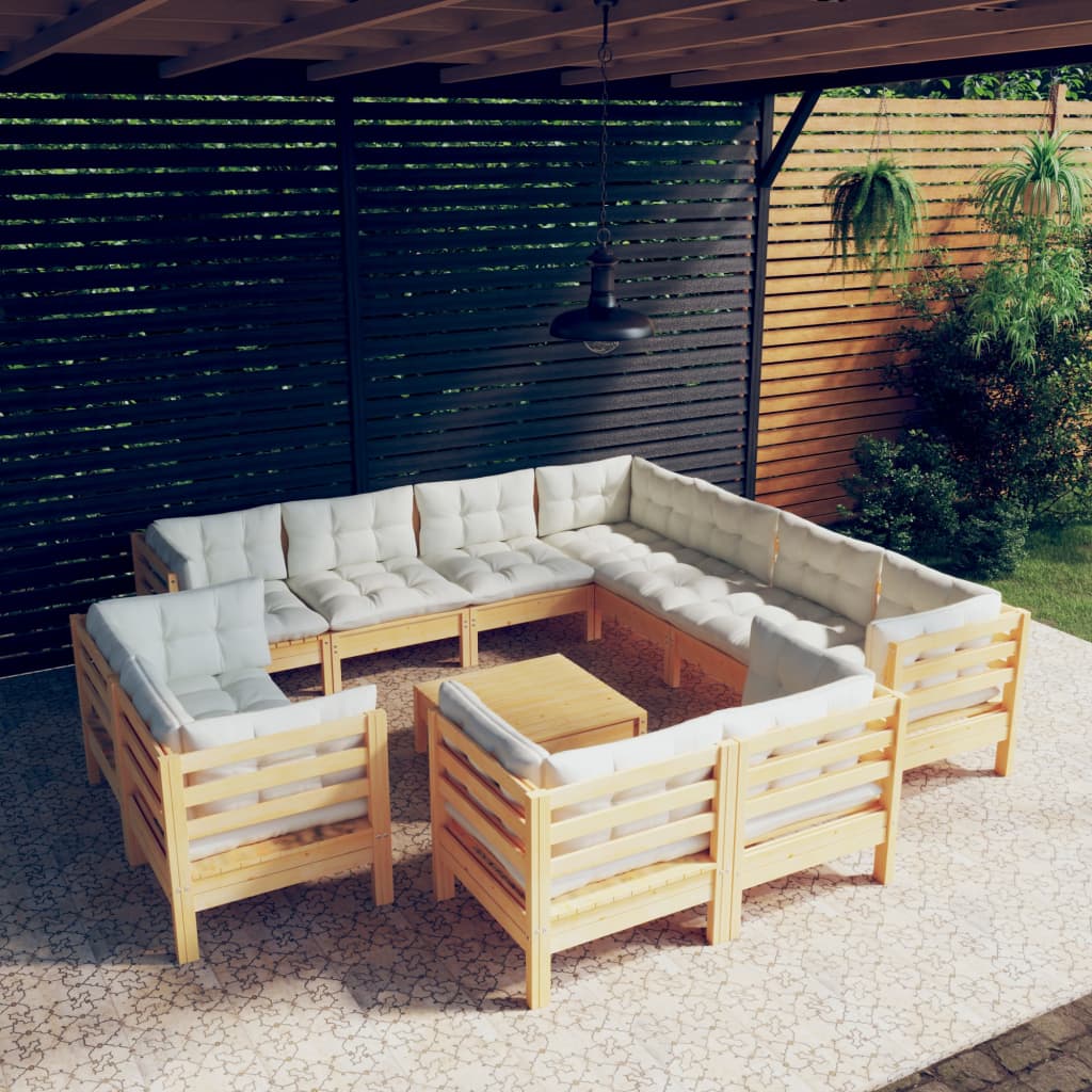 vidaXL 12 Piece Patio Lounge Set with Cream Cushions Solid Pinewood