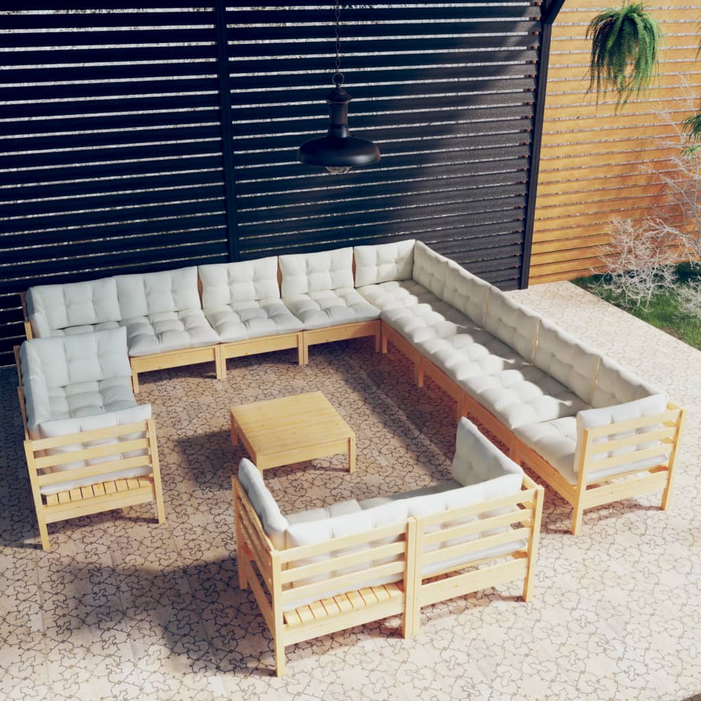 vidaXL 14 Piece Patio Lounge Set with Cream Cushions Solid Pinewood