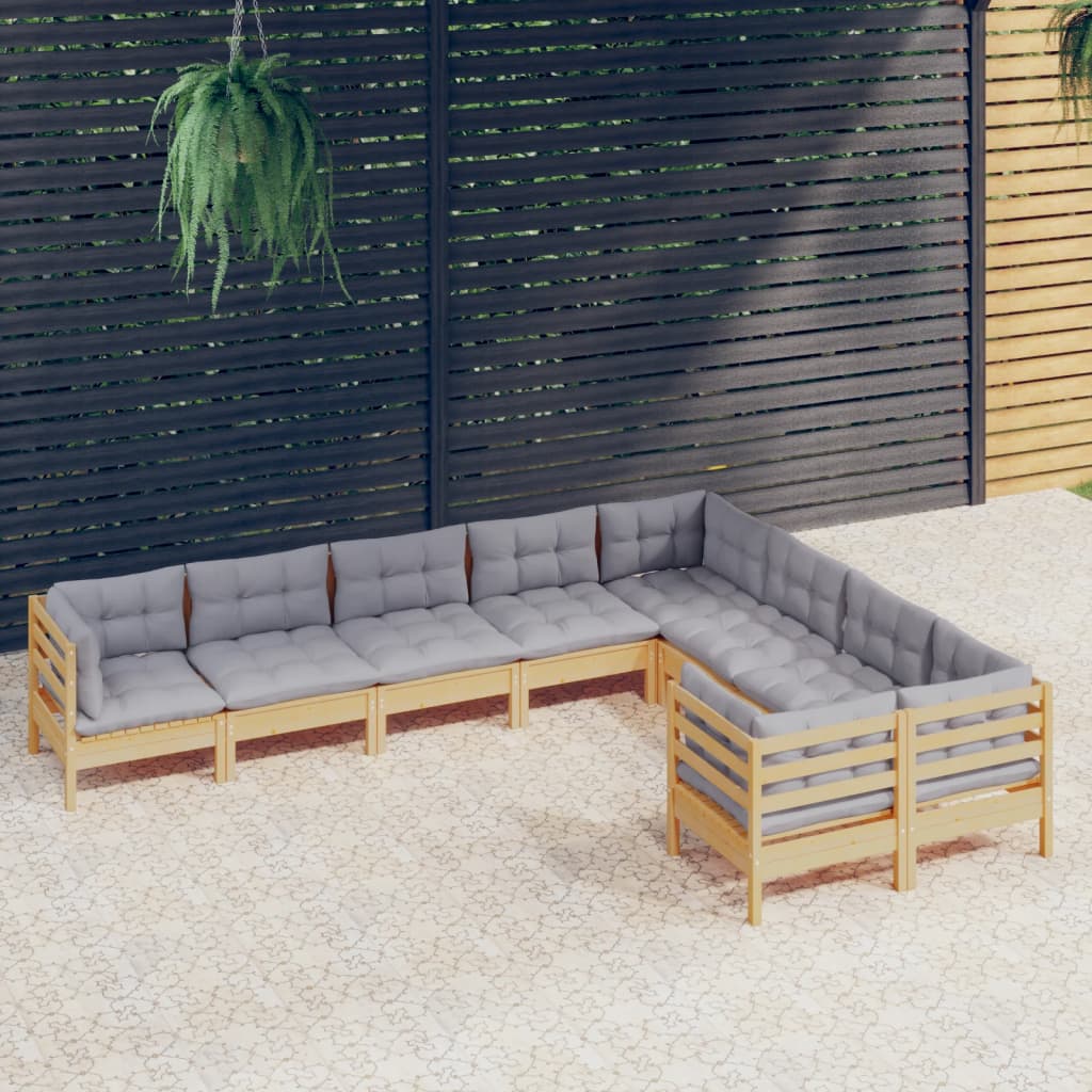 vidaXL 9 Piece Patio Lounge Set with Gray Cushions Pinewood