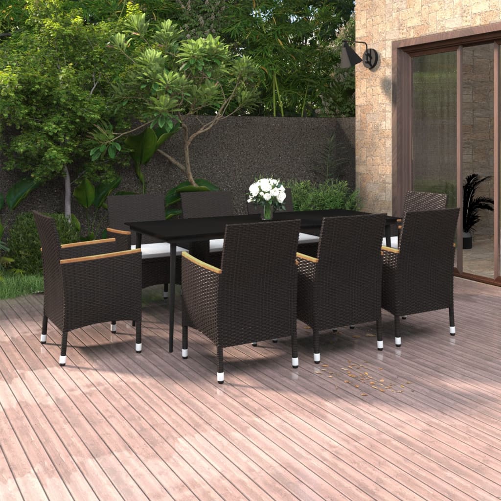 vidaXL 9 Piece Patio Dining Set with Cushions Poly Rattan and Glass