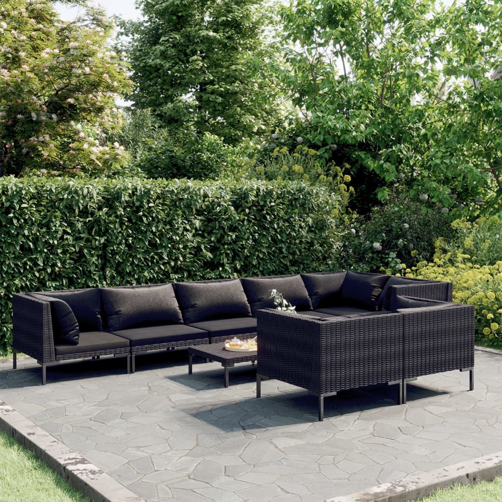 vidaXL 9 Piece Patio Lounge Set with Cushions Poly Rattan Dark Gray