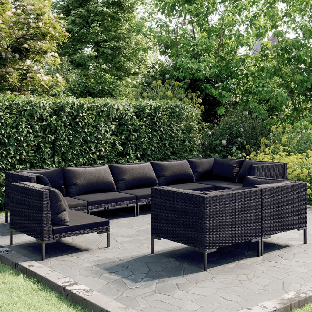 vidaXL 9 Piece Patio Lounge Set with Cushions Round Rattan Dark Gray