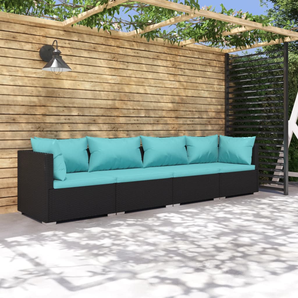 vidaXL Patio Furniture Set 4 Piece with Cushions Poly Rattan Black