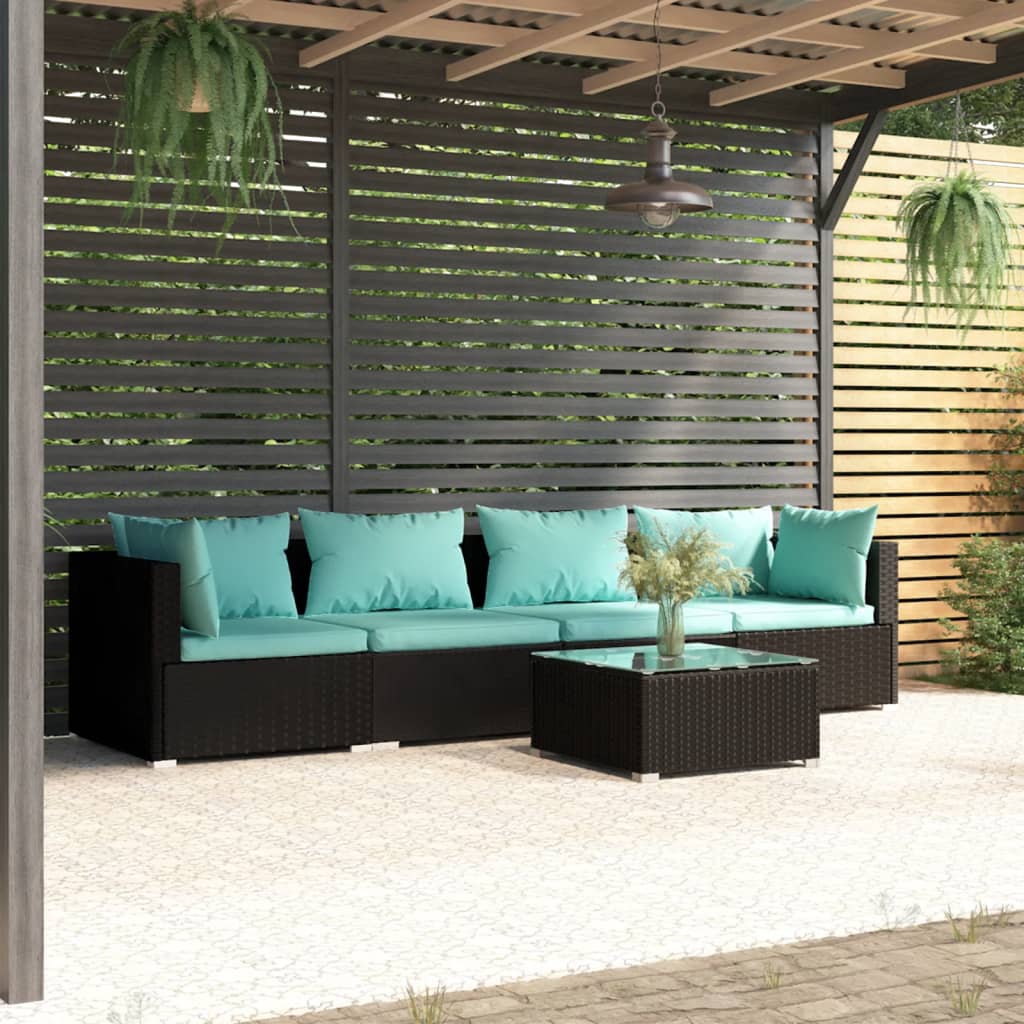 vidaXL Patio Furniture Set 5 Piece with Cushions Poly Rattan Black