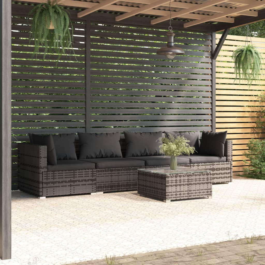 vidaXL Patio Furniture Set 5 Piece with Cushions Poly Rattan Gray