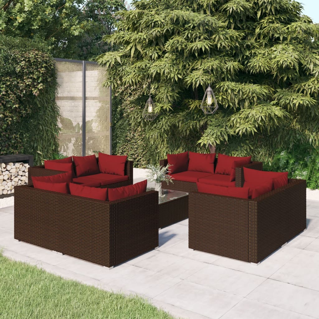 vidaXL 9 Piece Patio Lounge Set with Cushions Poly Rattan Brown