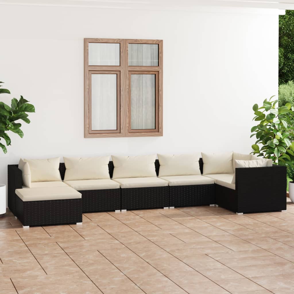 vidaXL 7 Piece Patio Lounge Set with Cushions Poly Rattan Black