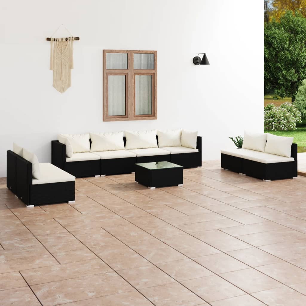 vidaXL 9 Piece Patio Lounge Set with Cushions Poly Rattan Black