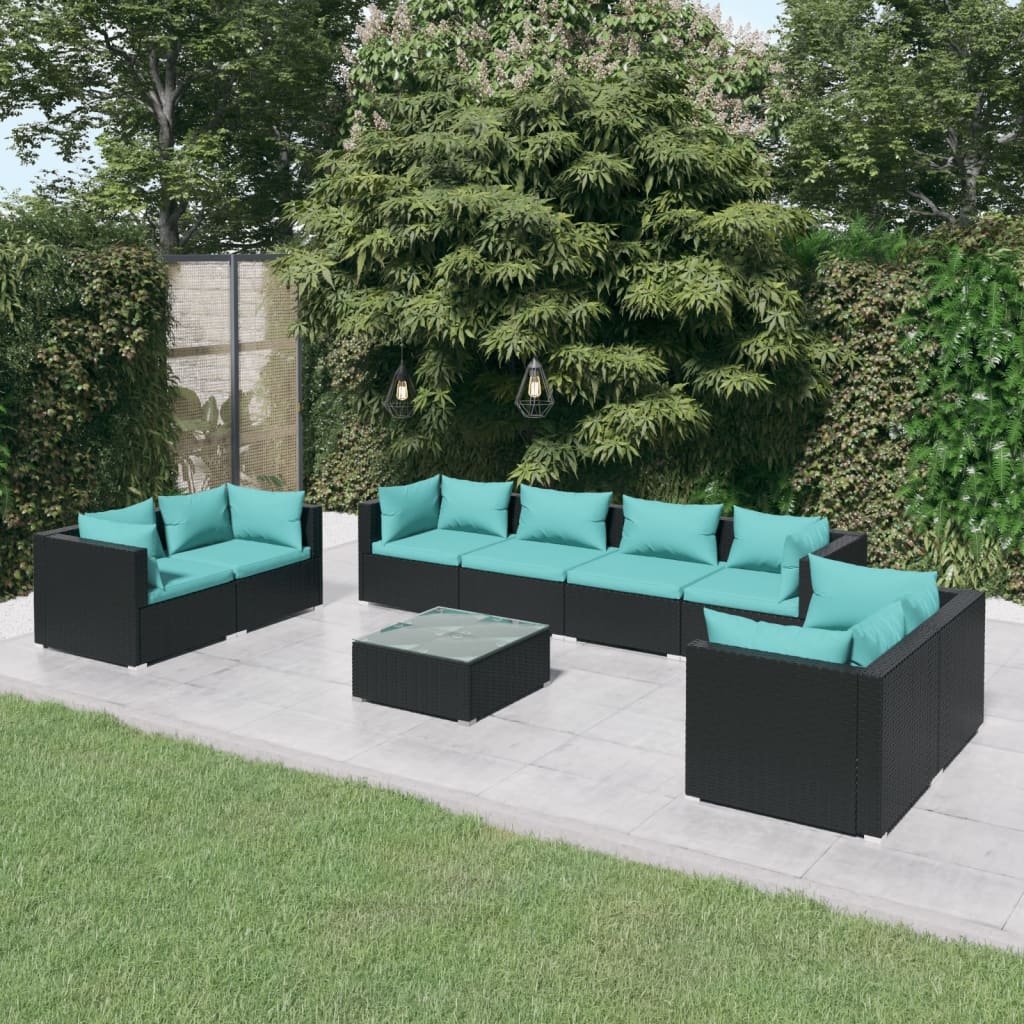 vidaXL 9 Piece Patio Lounge Set with Cushions Poly Rattan Black