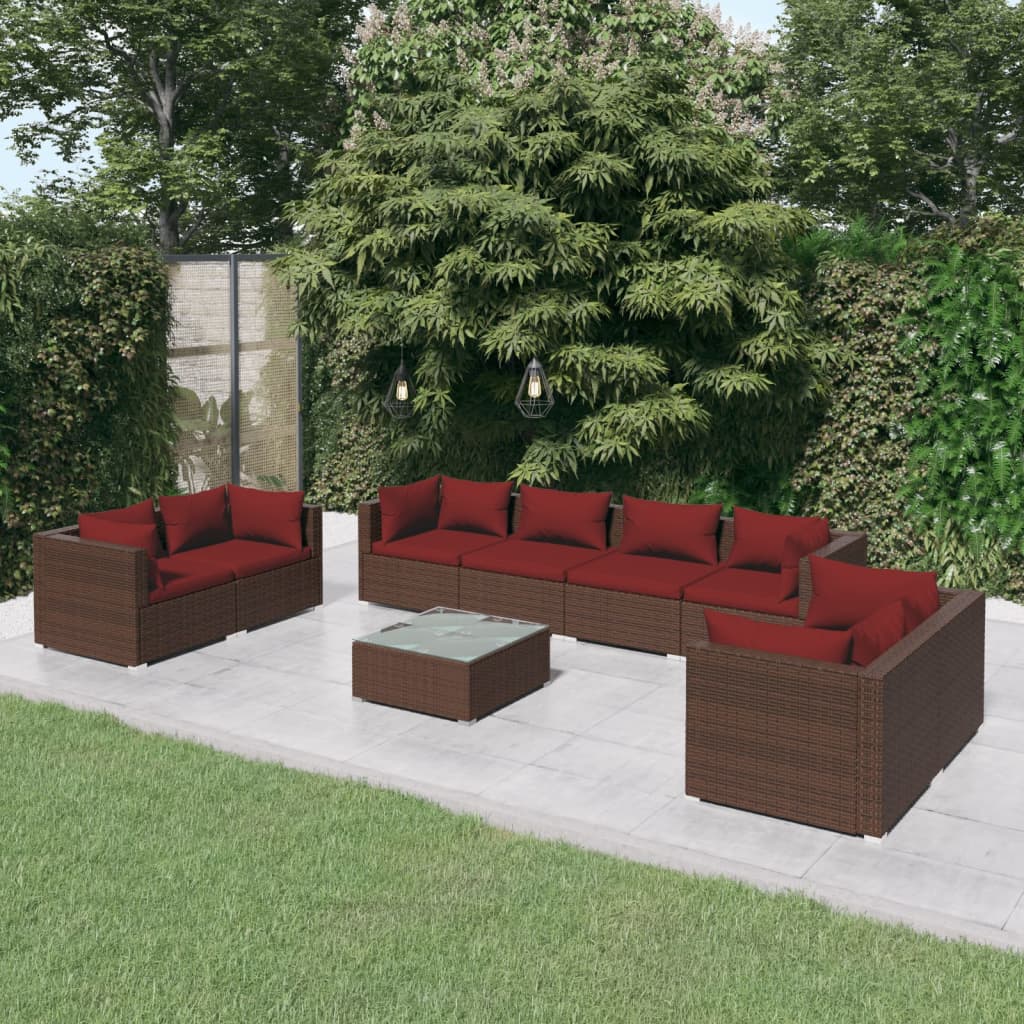 vidaXL 9 Piece Patio Lounge Set with Cushions Poly Rattan Brown