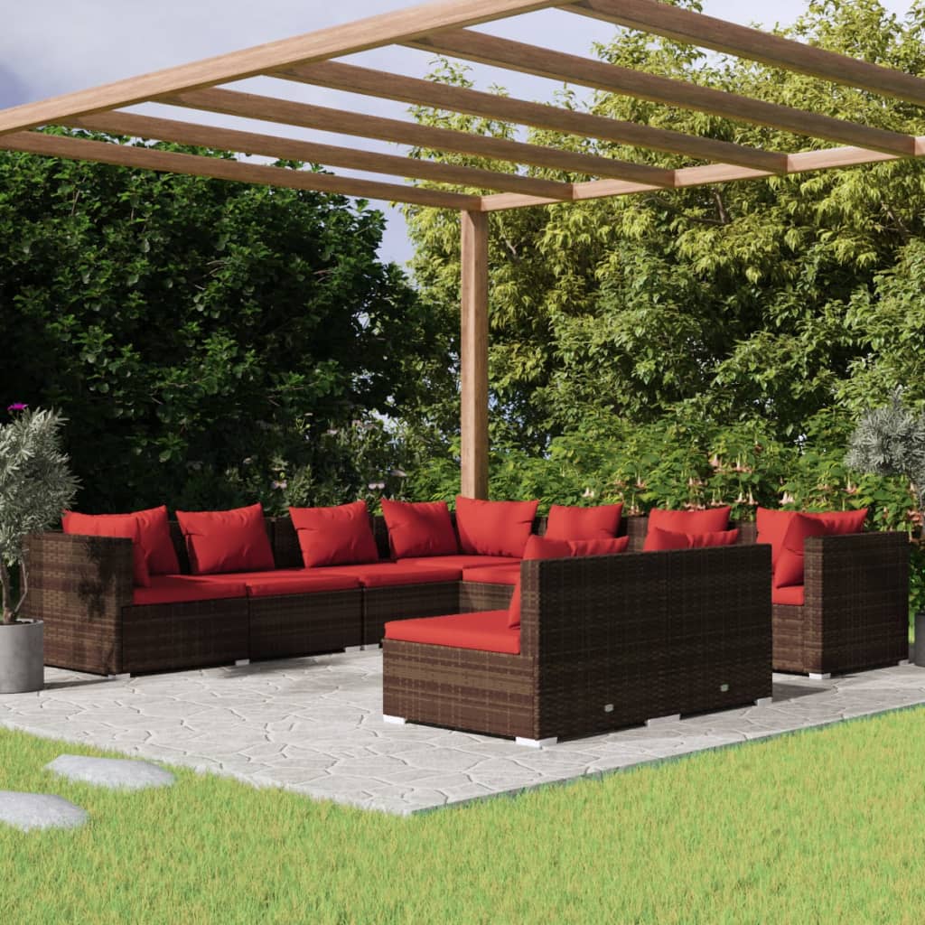 vidaXL 9 Piece Patio Lounge Set with Cushions Brown Poly Rattan