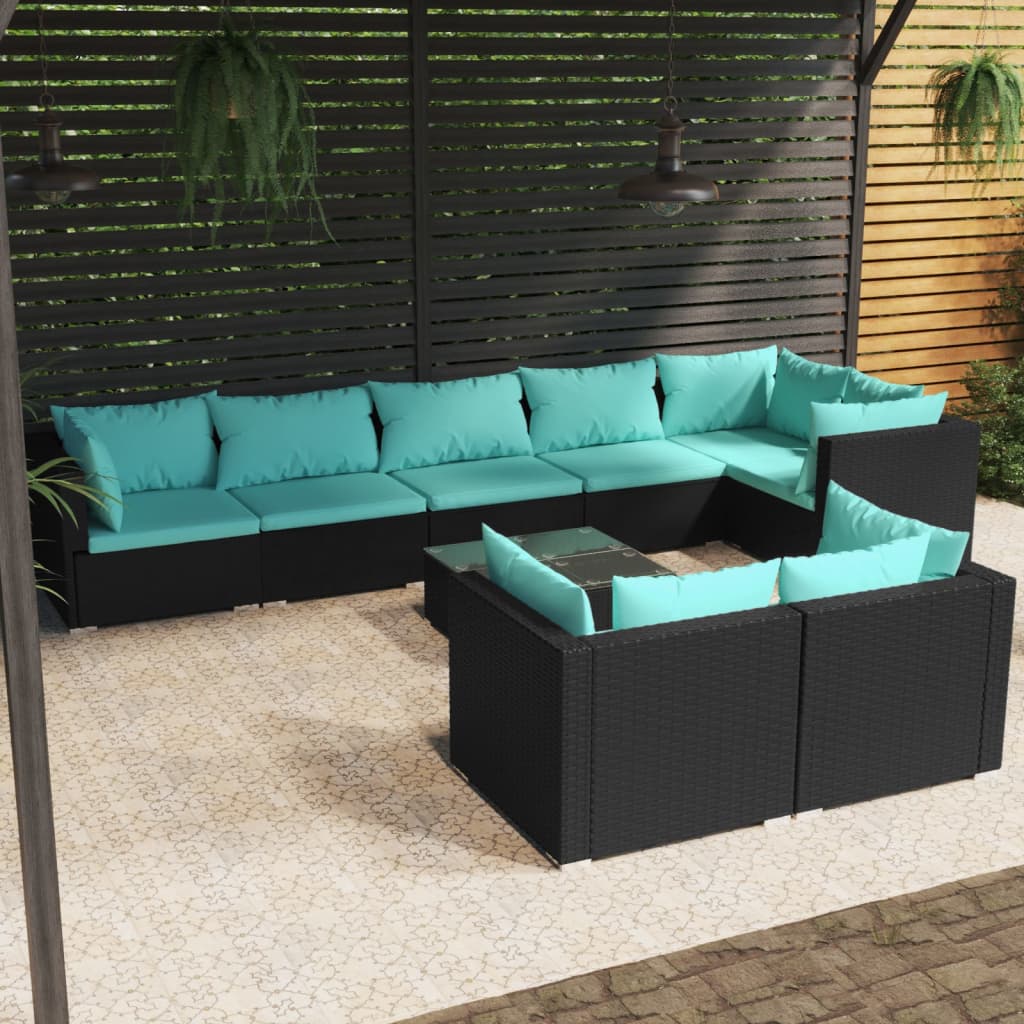 vidaXL 9 Piece Patio Lounge Set with Cushions Black Poly Rattan