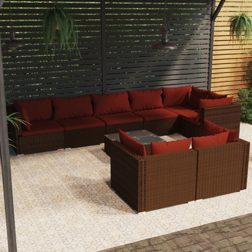 vidaXL 9 Piece Patio Lounge Set with Cushions Brown Poly Rattan