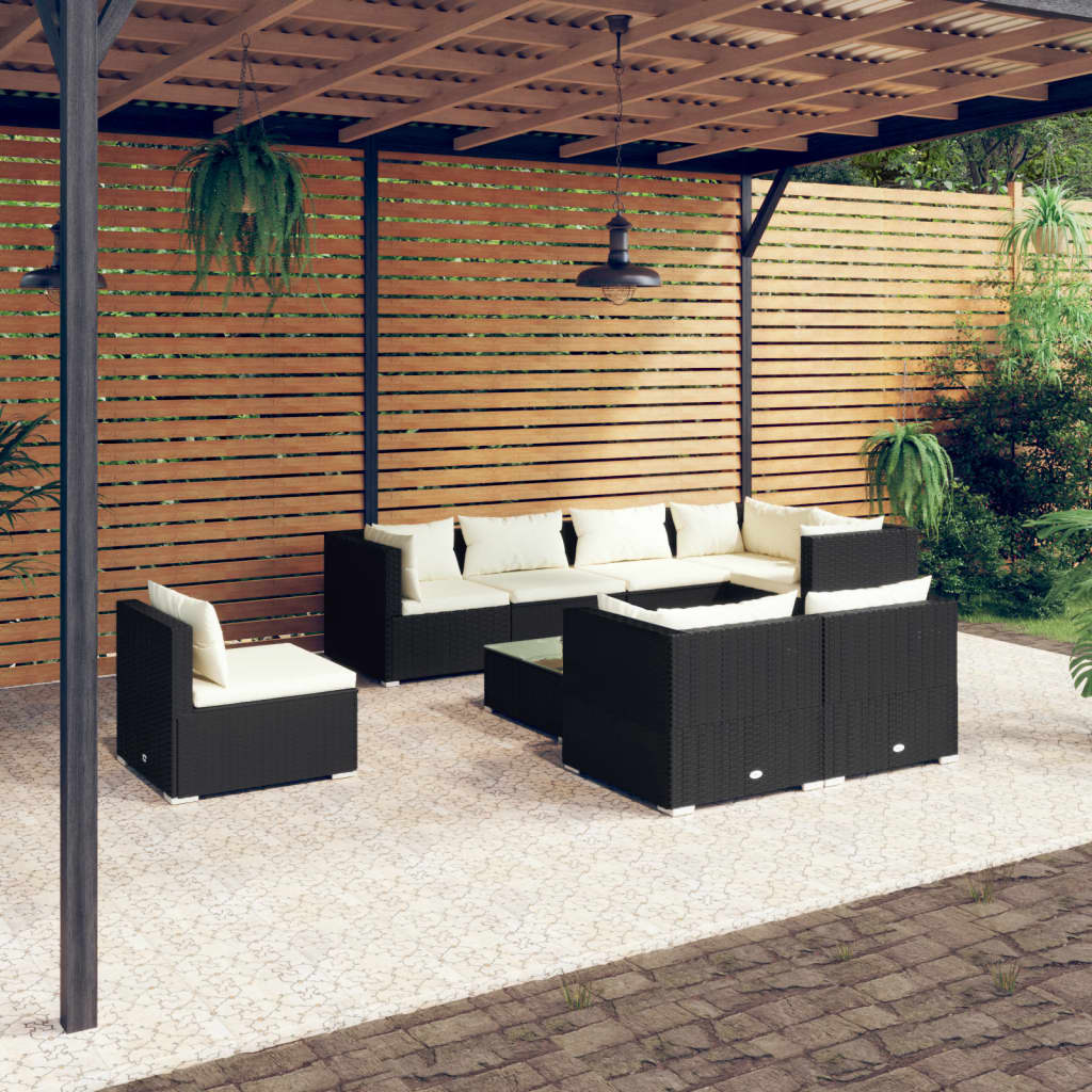 vidaXL 9 Piece Patio Lounge Set with Cushions Poly Rattan Black