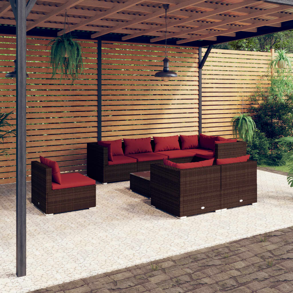 vidaXL 9 Piece Patio Lounge Set with Cushions Poly Rattan Brown