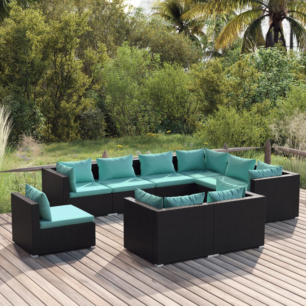 vidaXL 9 Piece Patio Lounge Set with Cushions Poly Rattan Black