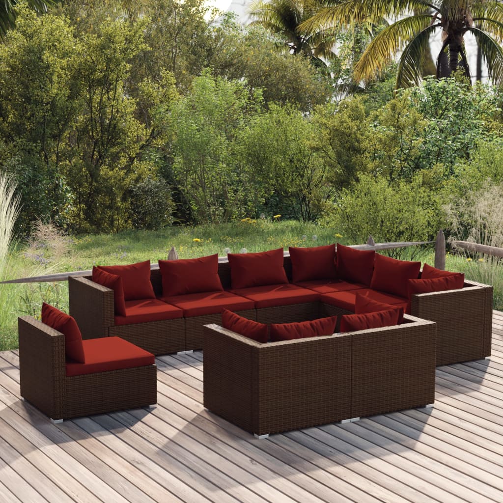 vidaXL 9 Piece Patio Lounge Set with Cushions Poly Rattan Brown