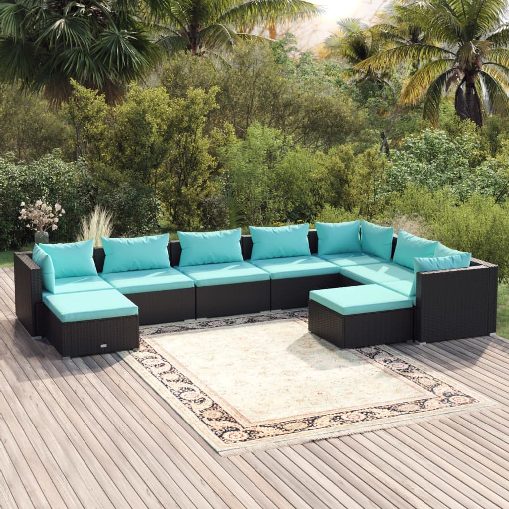 vidaXL 9 Piece Patio Lounge Set with Cushions Poly Rattan Black