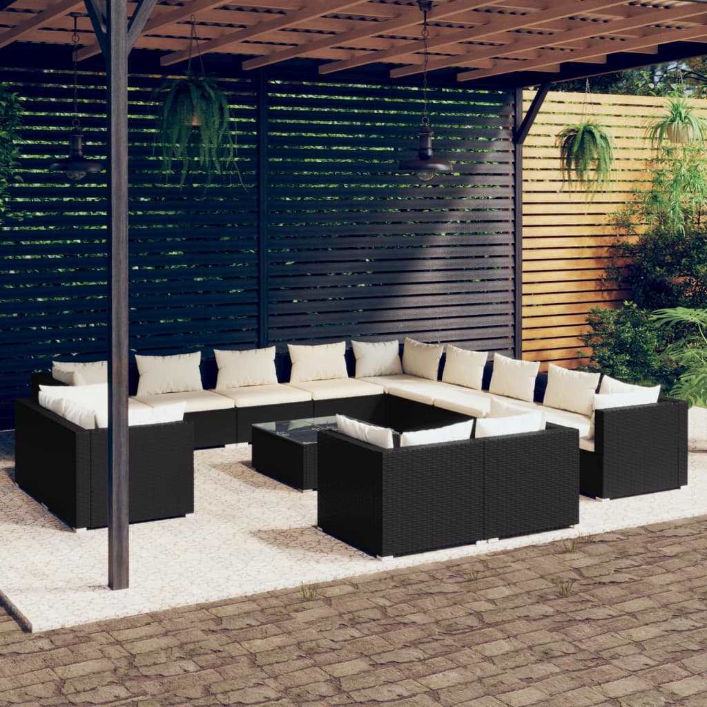 vidaXL 14 Piece Patio Lounge Set with Cushions Black Poly Rattan