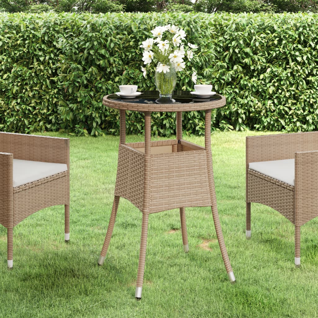 vidaXL Patio Table  23.6"x29.5" Tempered Glass and Poly Rattan Beige