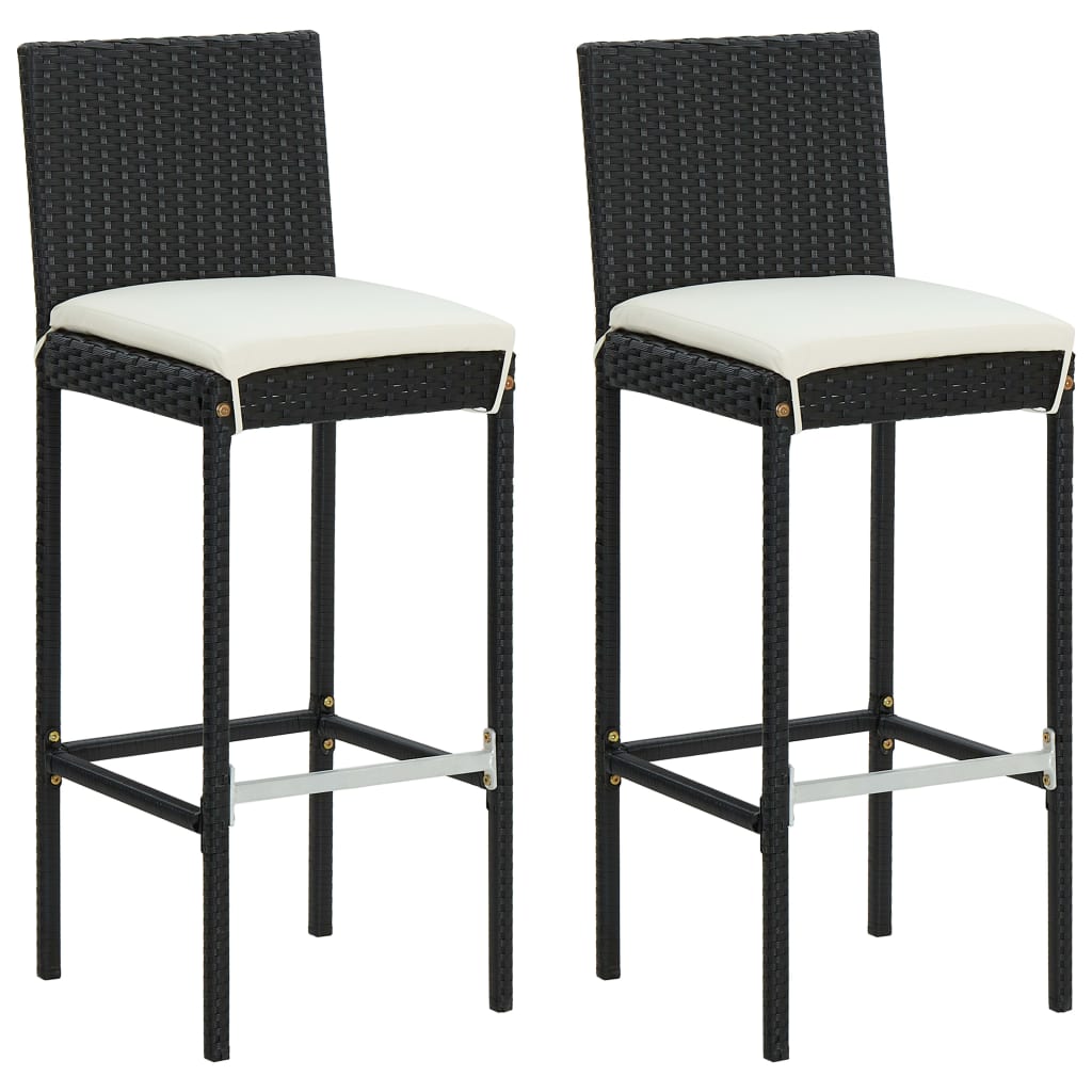 vidaXL Garden Bar Stools with Cushions 2 pcs Black Poly Rattan