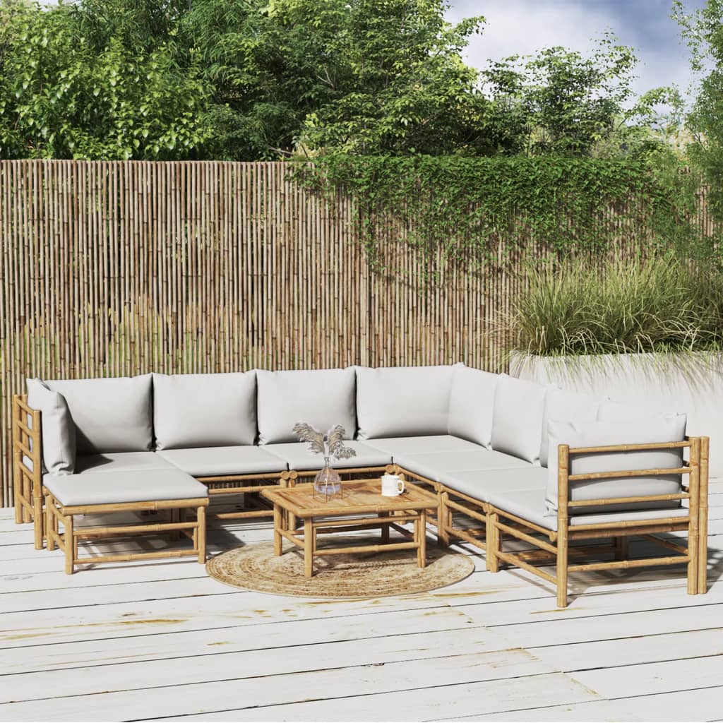 vidaXL 9 Piece Patio Lounge Set with Light Gray Cushions Bamboo