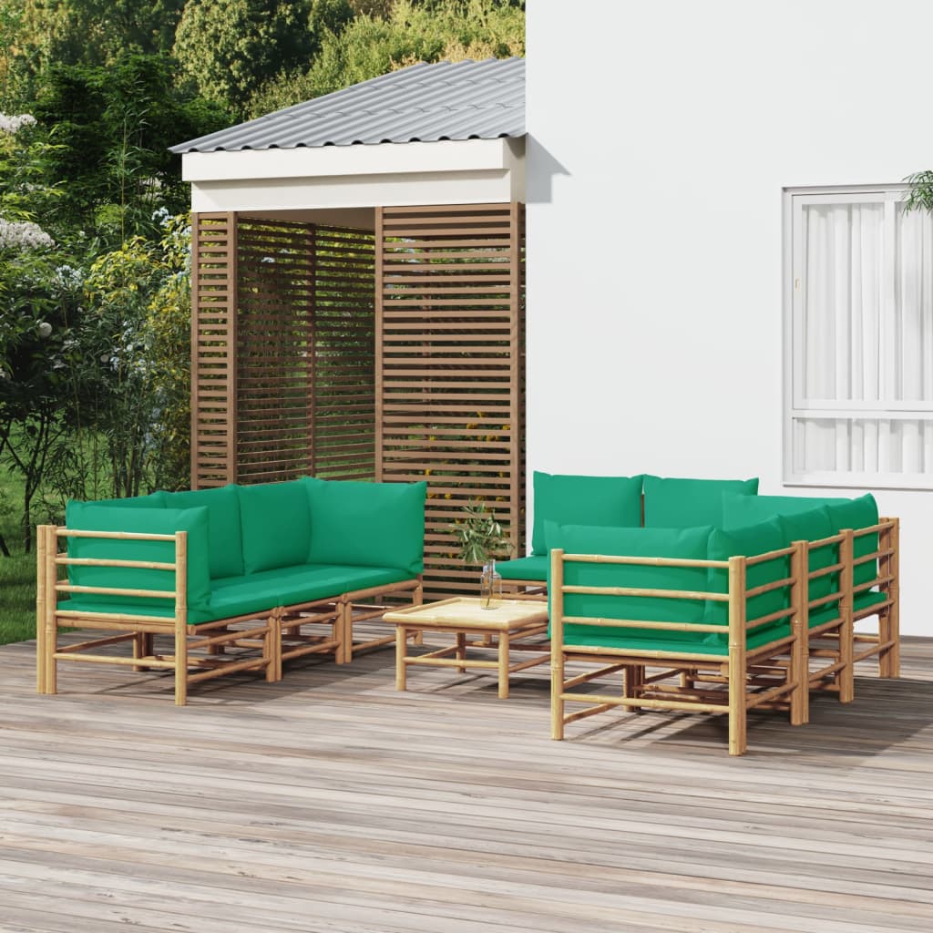 vidaXL 9 Piece Patio Lounge Set with Green Cushions Bamboo