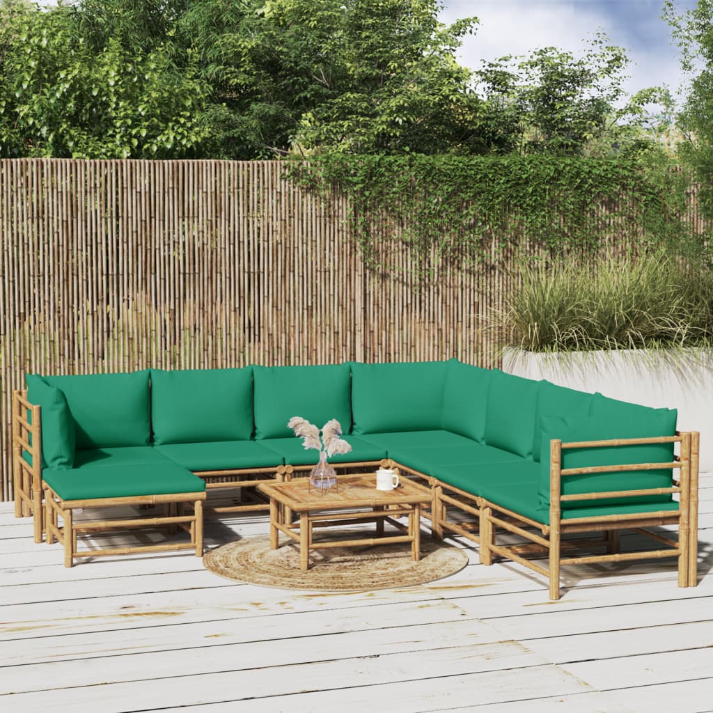 vidaXL 9 Piece Patio Lounge Set with Green Cushions Bamboo