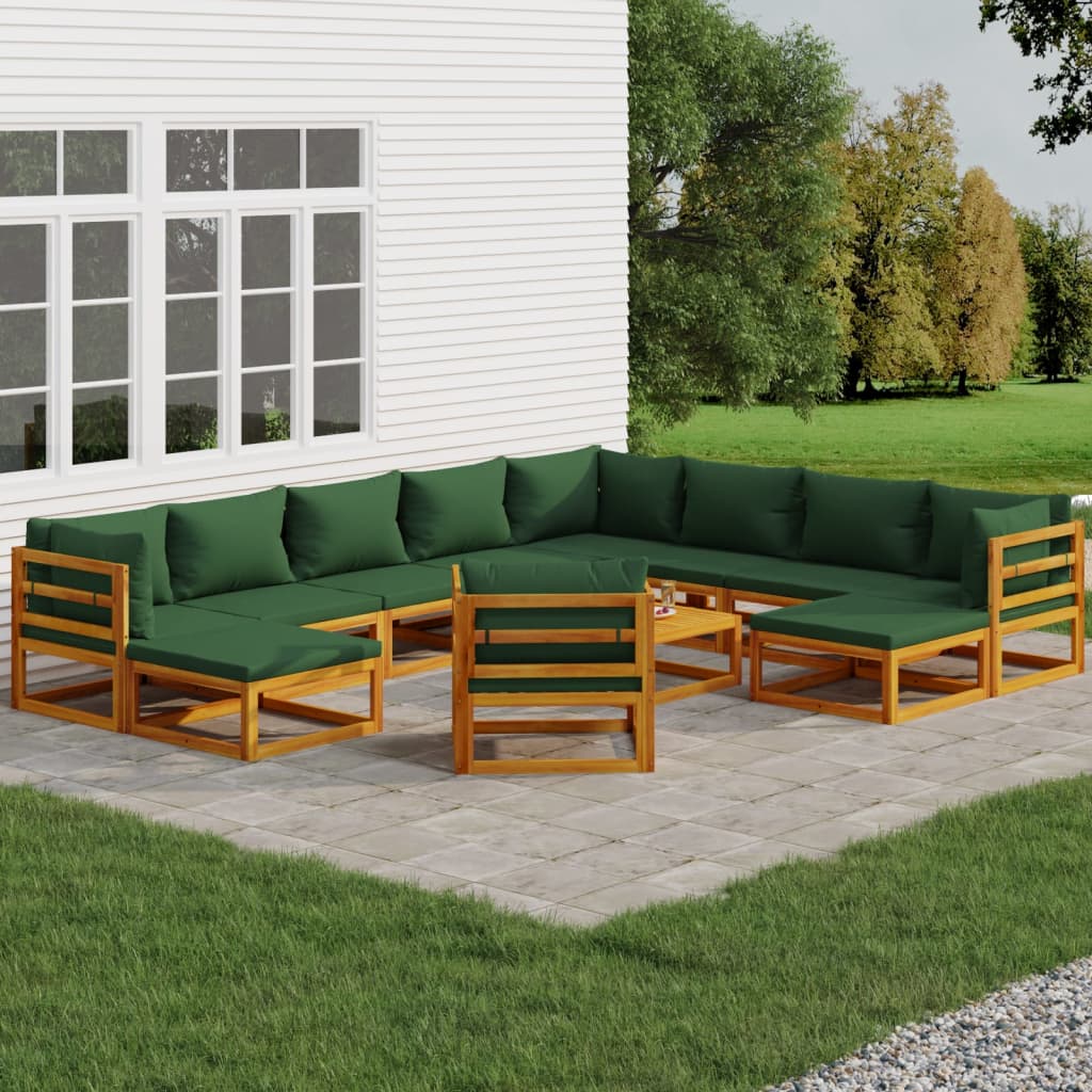 vidaXL 12 Piece Patio Lounge Set with Green Cushions Solid Wood