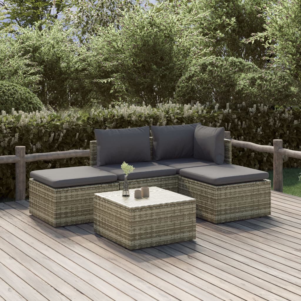 vidaXL 5 Piece Patio Lounge Set with Cushions Gray Poly Rattan