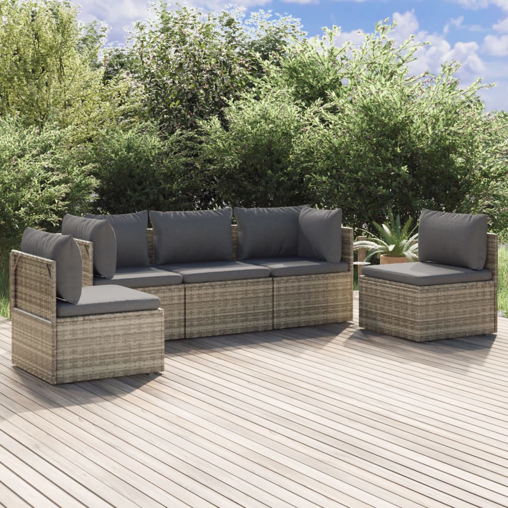 vidaXL 5 Piece Patio Lounge Set with Cushions Gray Poly Rattan