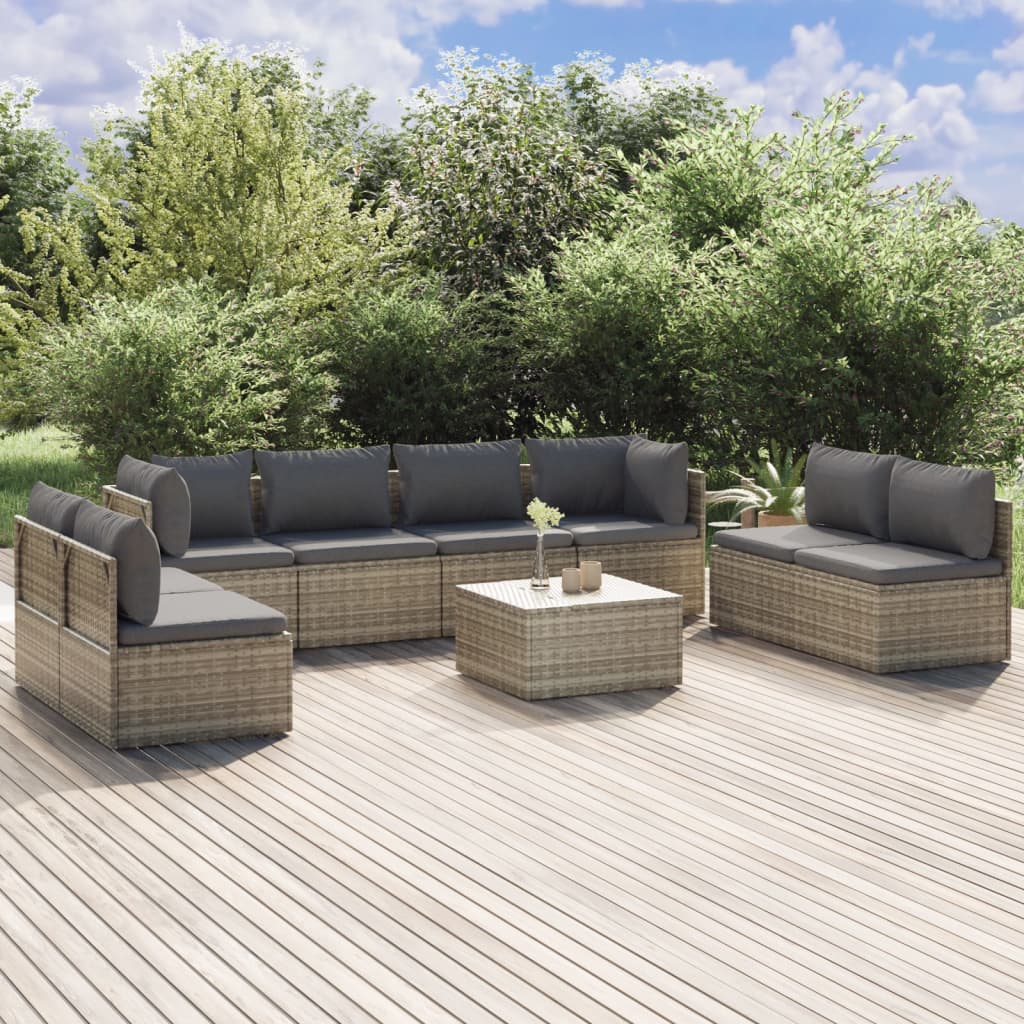 vidaXL 9 Piece Patio Lounge Set with Cushions Gray Poly Rattan