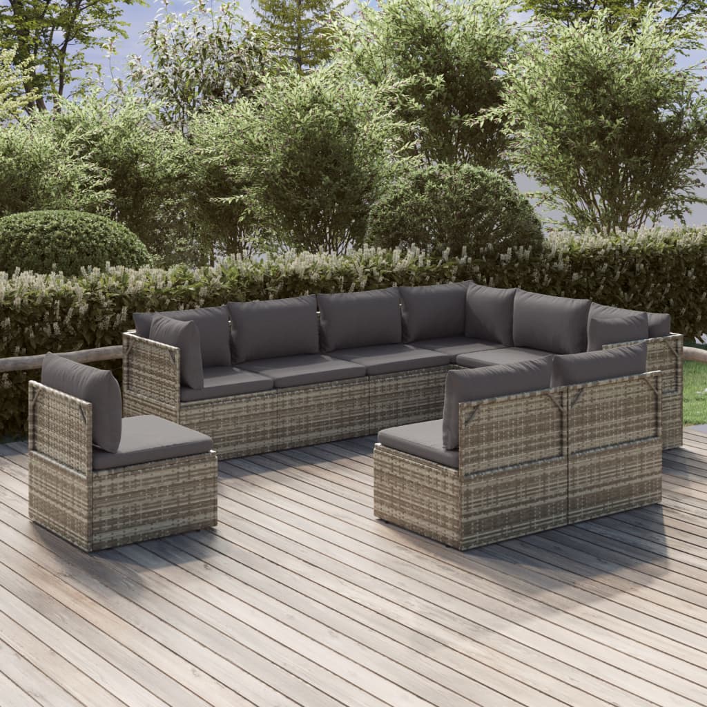 vidaXL 9 Piece Patio Lounge Set with Cushions Gray Poly Rattan