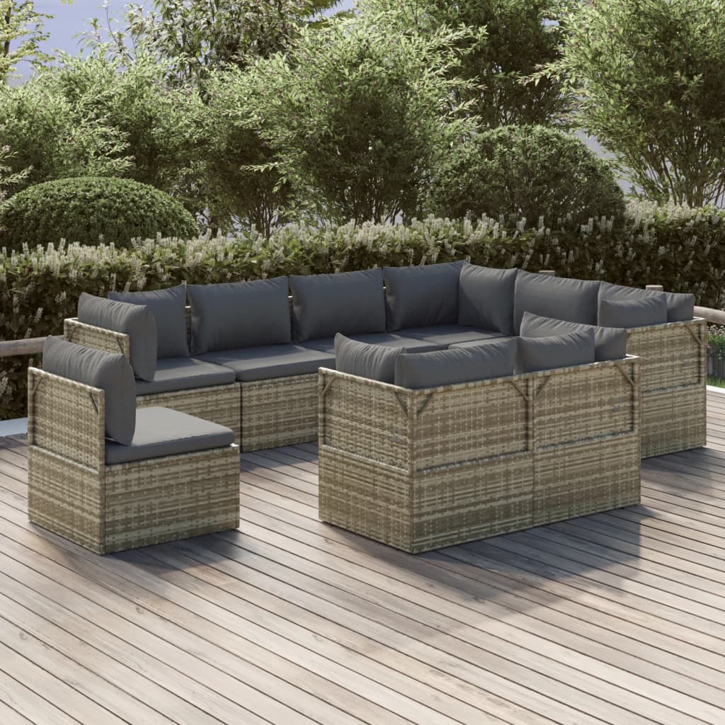 vidaXL 9 Piece Patio Lounge Set with Cushions Gray Poly Rattan