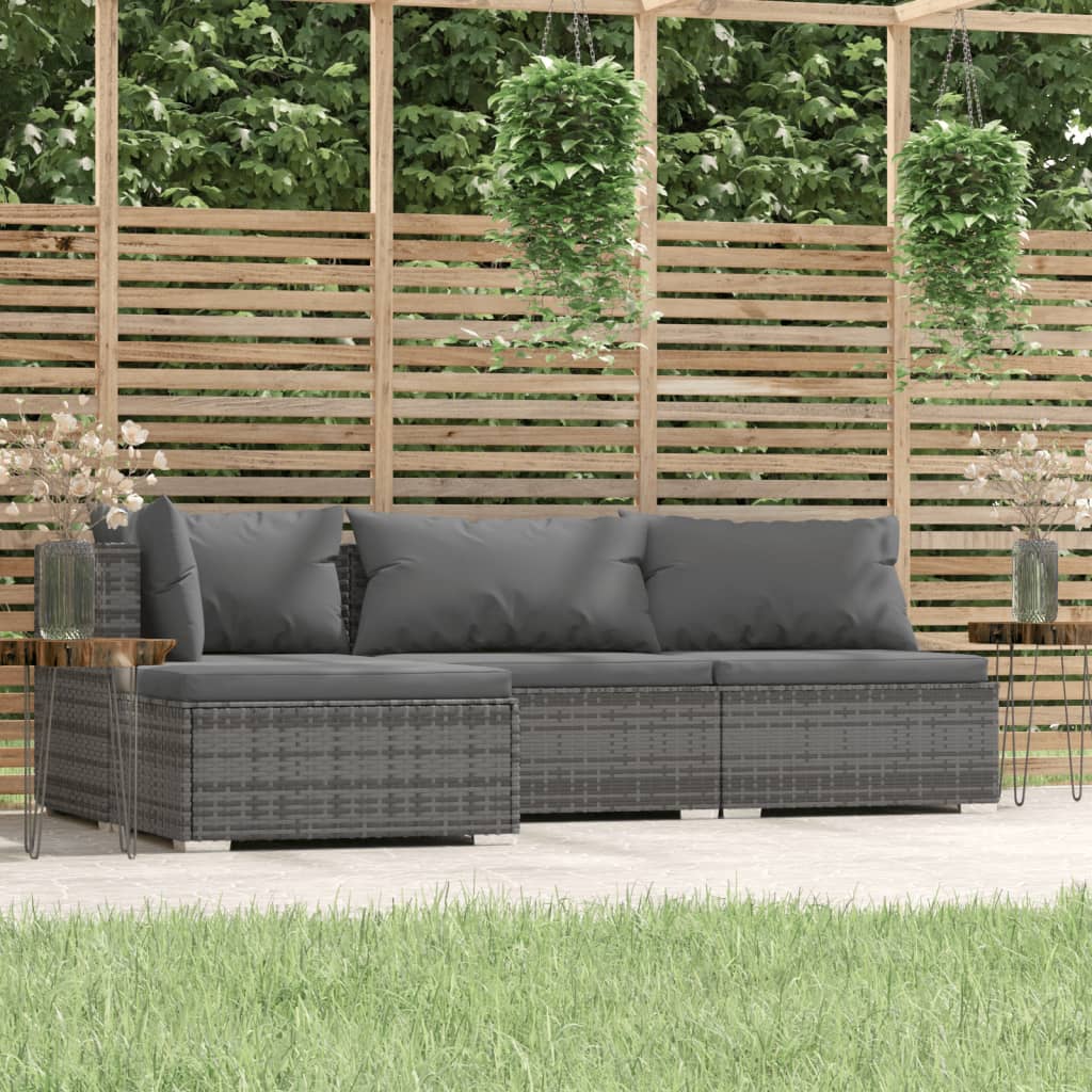 vidaXL 4 Piece Patio Lounge Set with Cushions Gray Poly Rattan