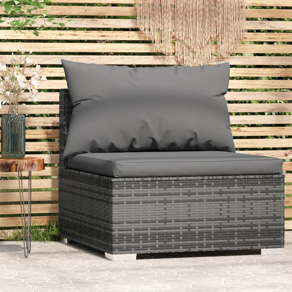 vidaXL Patio Middle Sofa with Cushions Gray Poly Rattan