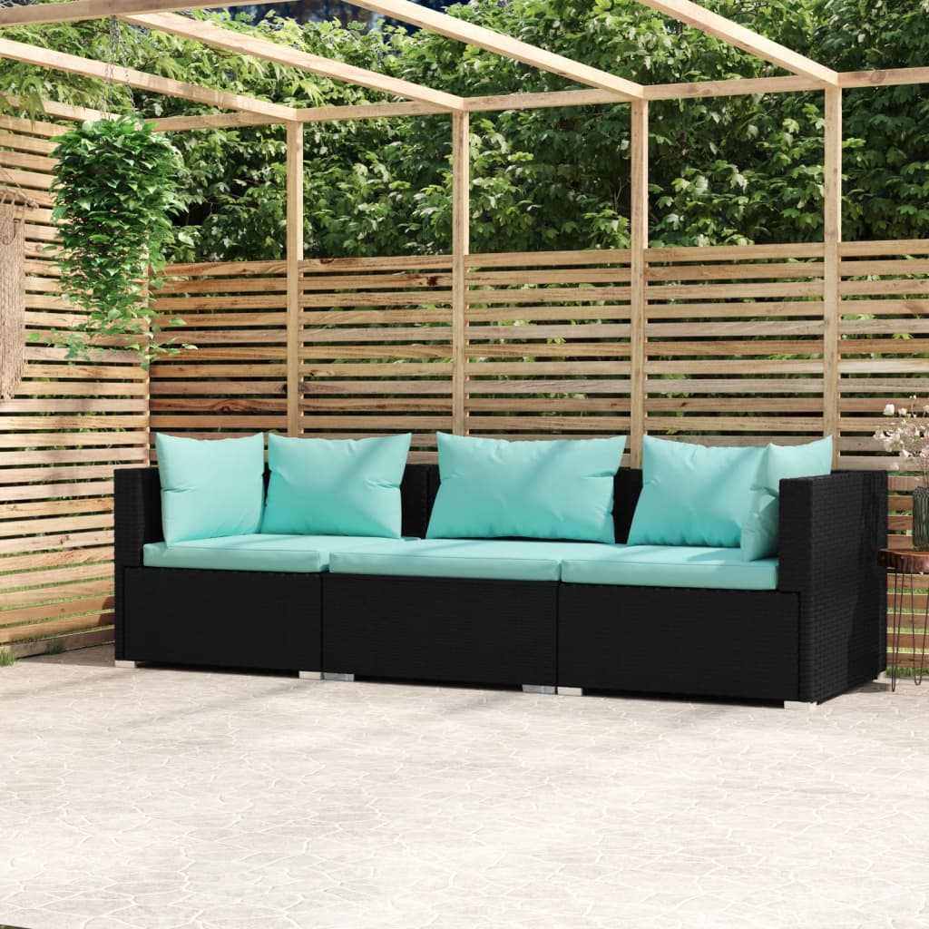 vidaXL Wicker Patio Furniture 3 Piece with Cushions Black Poly Rattan