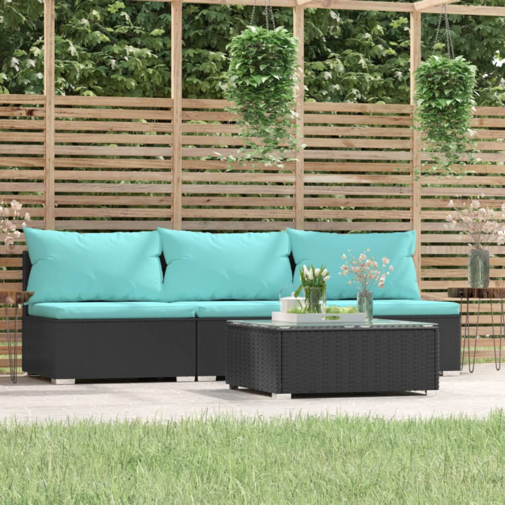 vidaXL Patio Furniture Set 4 Piece with Cushions Black Poly Rattan