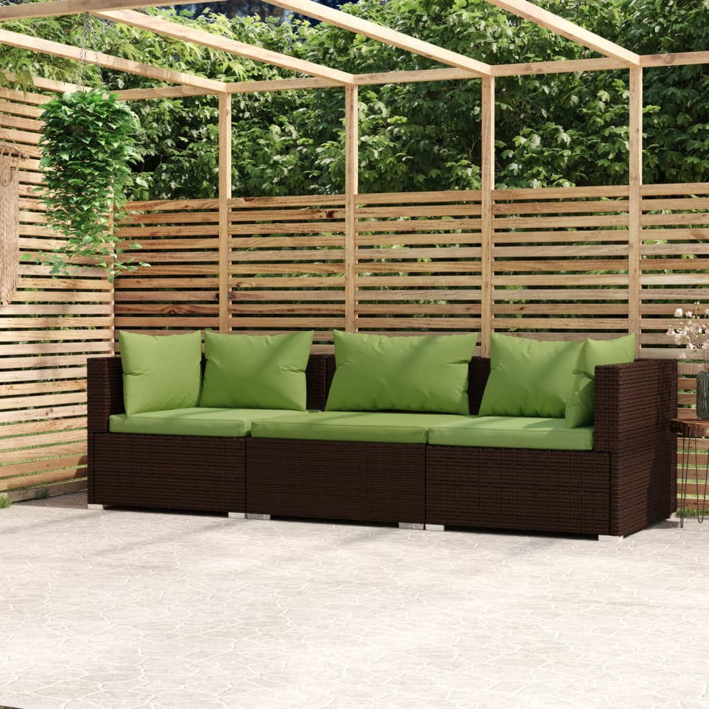 vidaXL Wicker Patio Furniture 3 Piece with Cushions Brown Poly Rattan