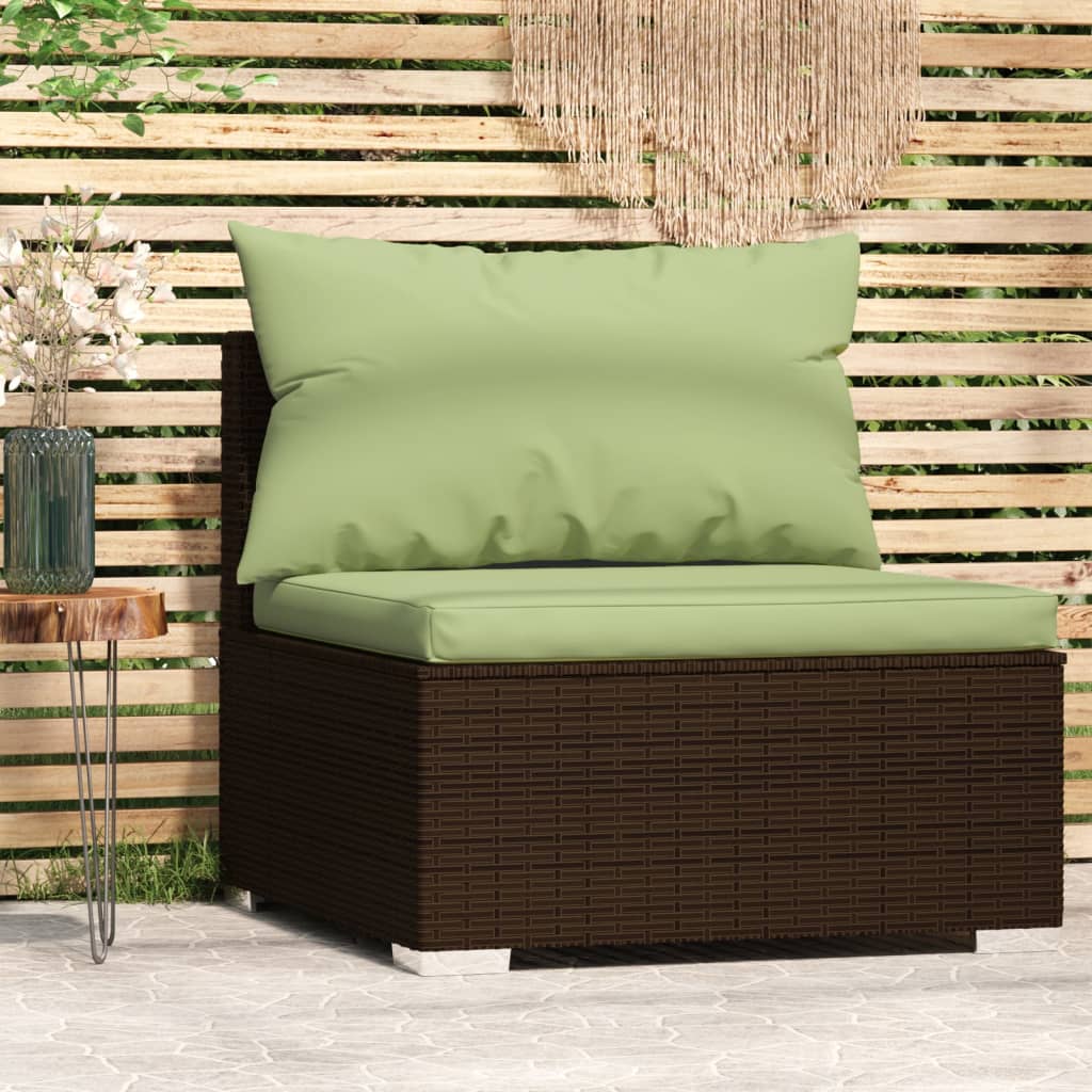 vidaXL Patio Middle Sofa with Cushions Brown Poly Rattan