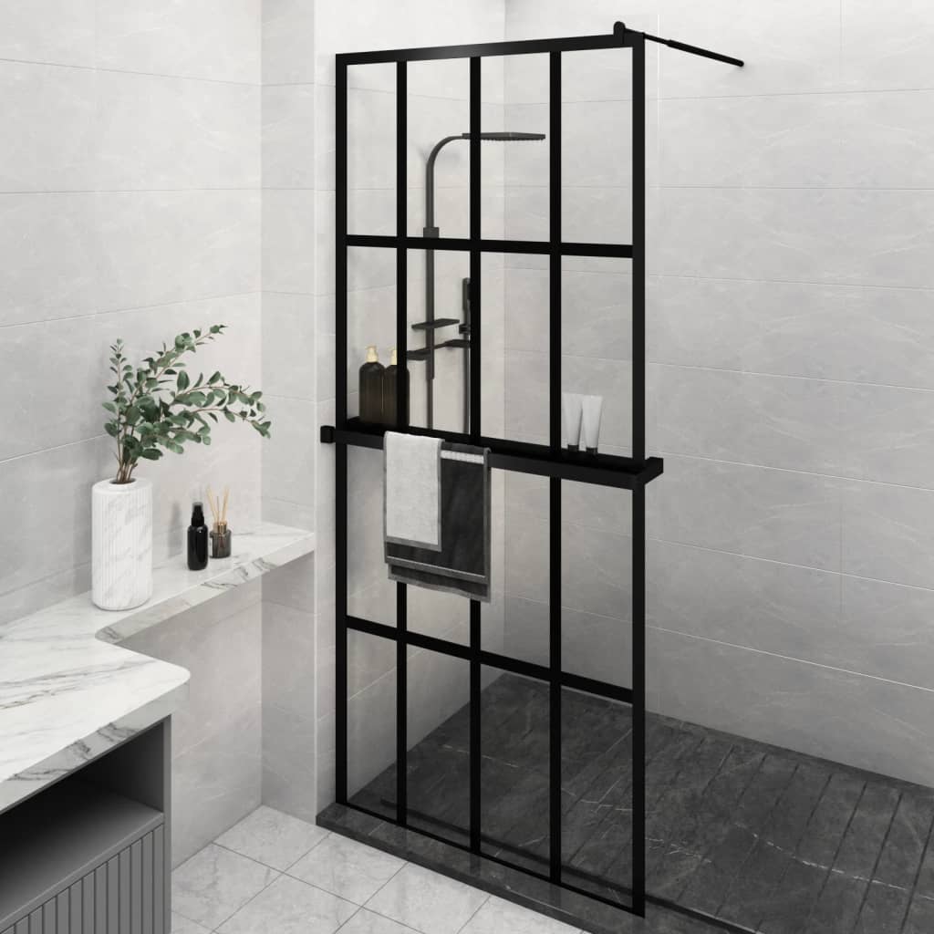 vidaXL Walk-in Shower Wall with Shelf Black 39.4"x76.8" ESG Glass&Aluminum