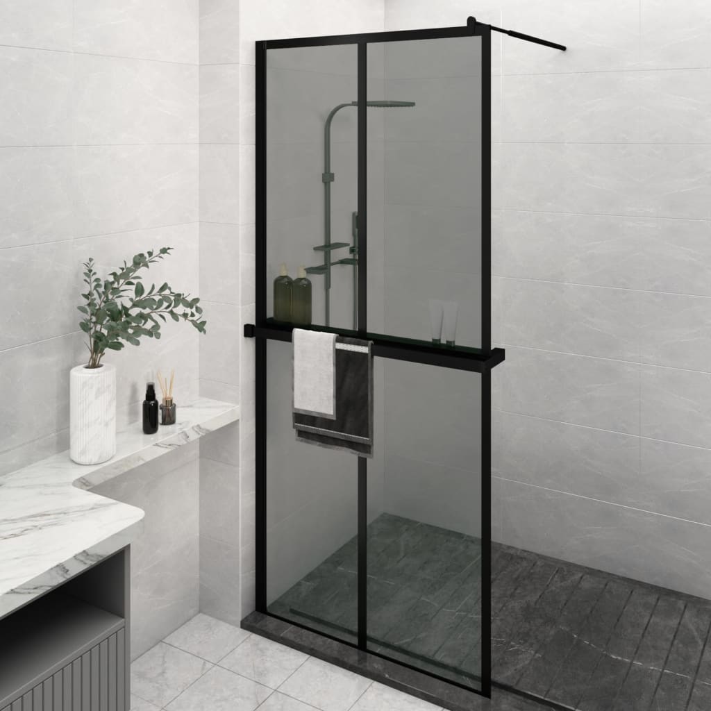 vidaXL Walk-in Shower Wall with Shelf Black 39.4"x76.8" ESG Glass&Aluminum