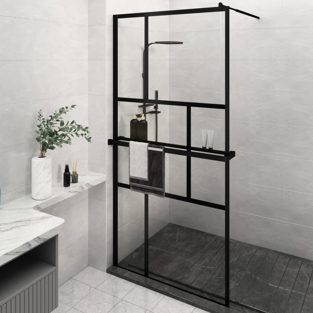 vidaXL Walk-in Shower Wall with Shelf Black 45.3"x76.8" ESG Glass&Aluminum