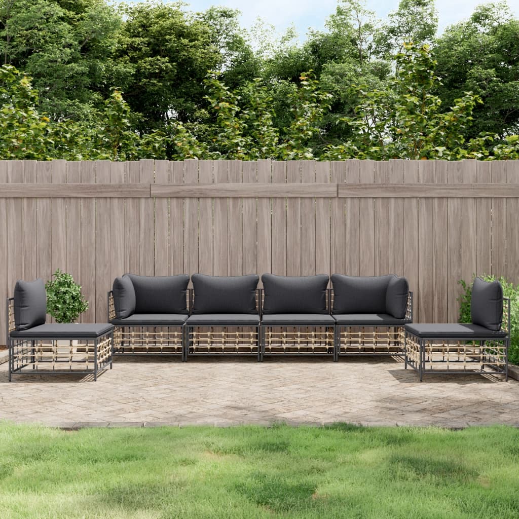 vidaXL 6 Piece Patio Lounge Set with Cushions Anthracite Poly Rattan