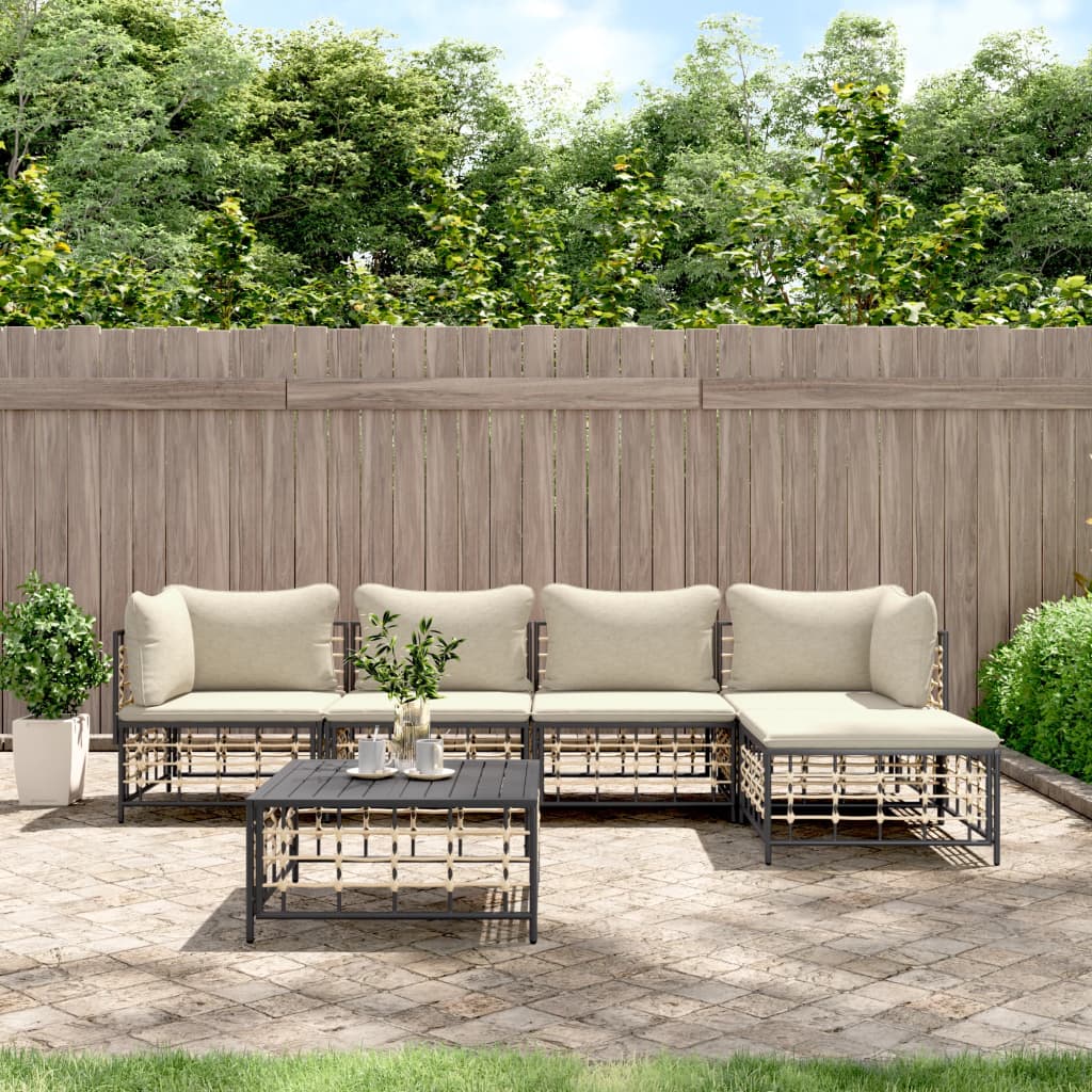 vidaXL 6 Piece Patio Lounge Set with Cushions Anthracite Poly Rattan