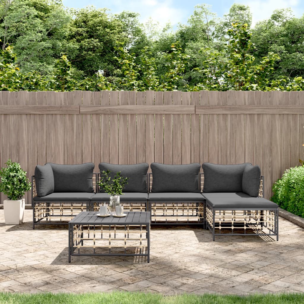 vidaXL 6 Piece Patio Lounge Set with Cushions Anthracite Poly Rattan