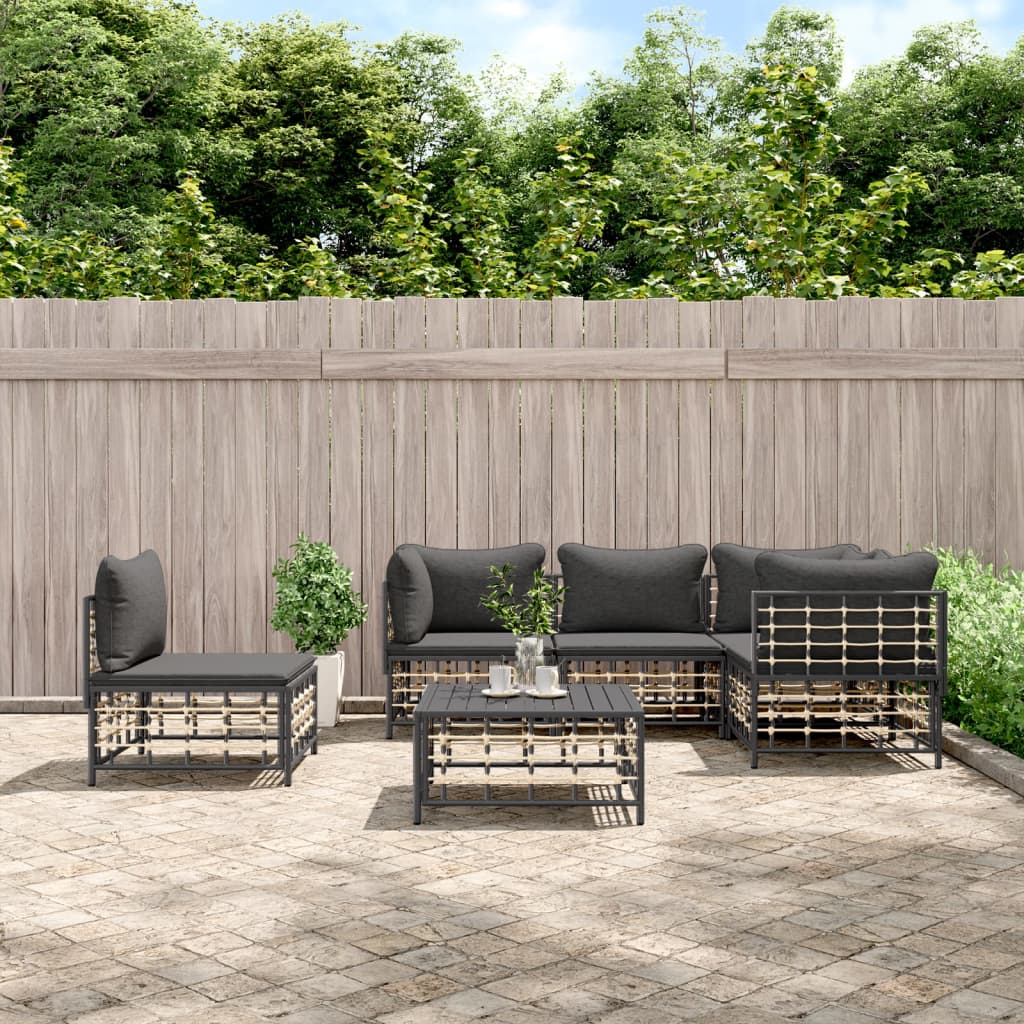 vidaXL 6 Piece Patio Lounge Set with Cushions Anthracite Poly Rattan