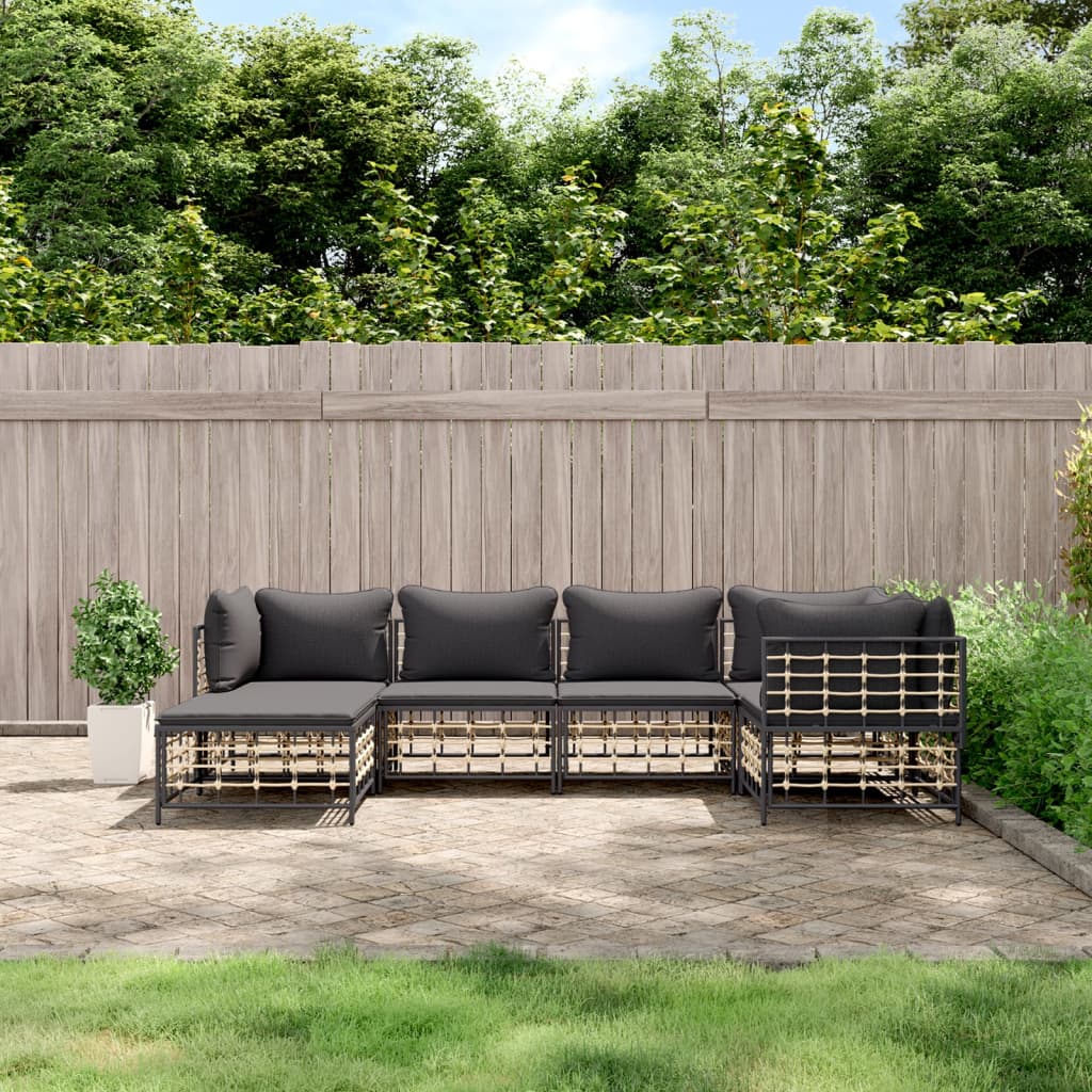 vidaXL 6 Piece Patio Lounge Set with Cushions Anthracite Poly Rattan