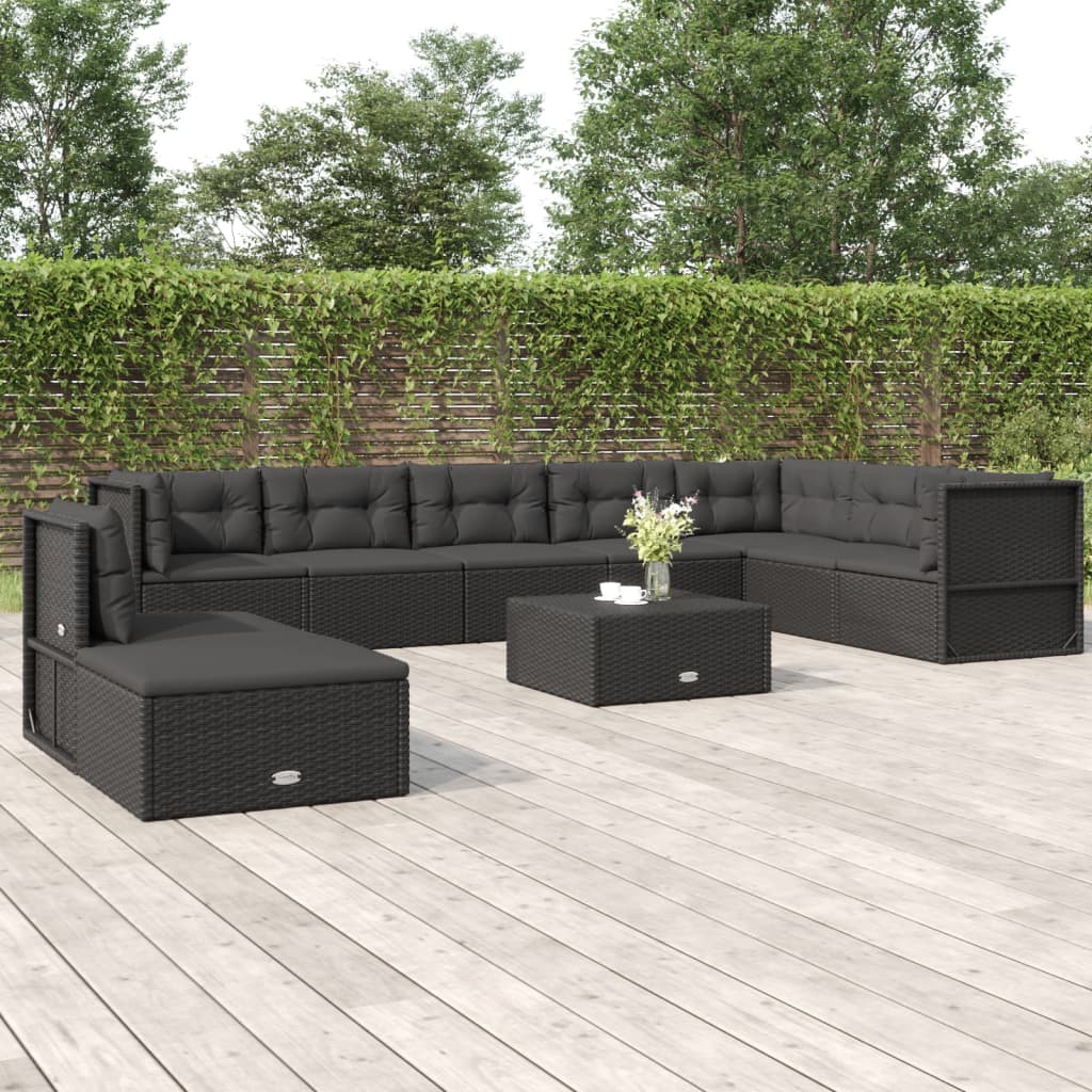 vidaXL 9 Piece Patio Lounge Set with Cushions Black Poly Rattan