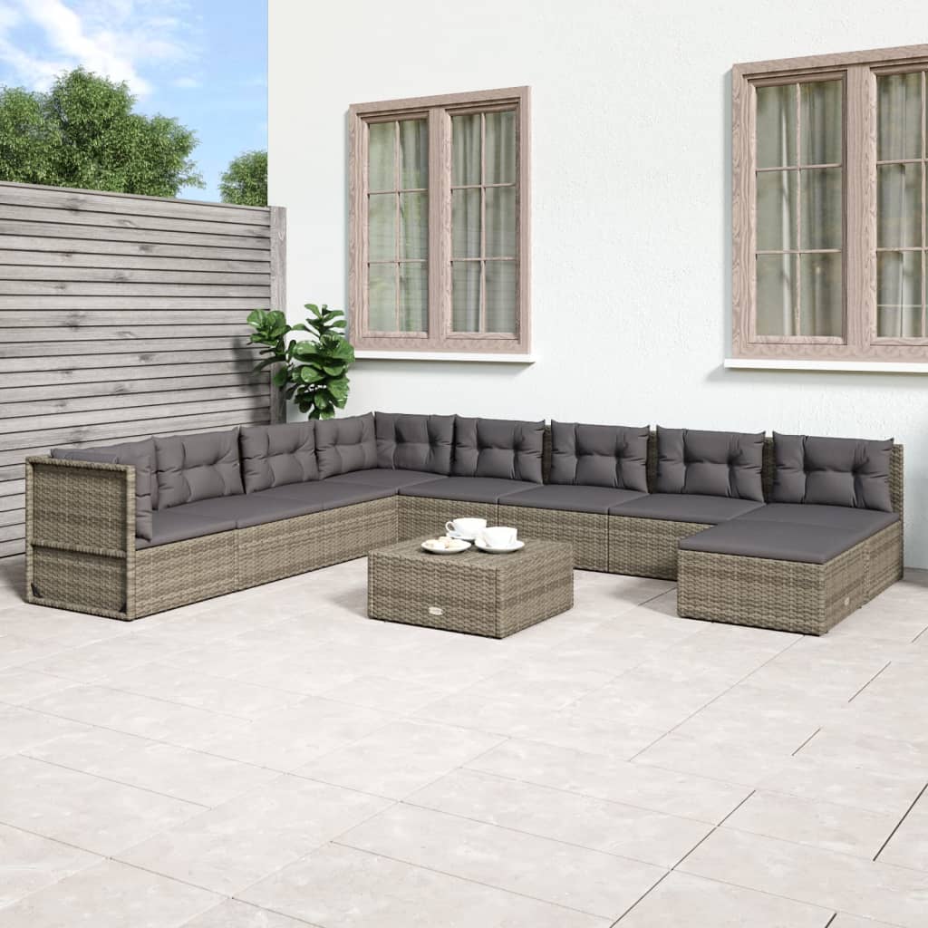 vidaXL 9 Piece Patio Lounge Set with Cushions Gray Poly Rattan